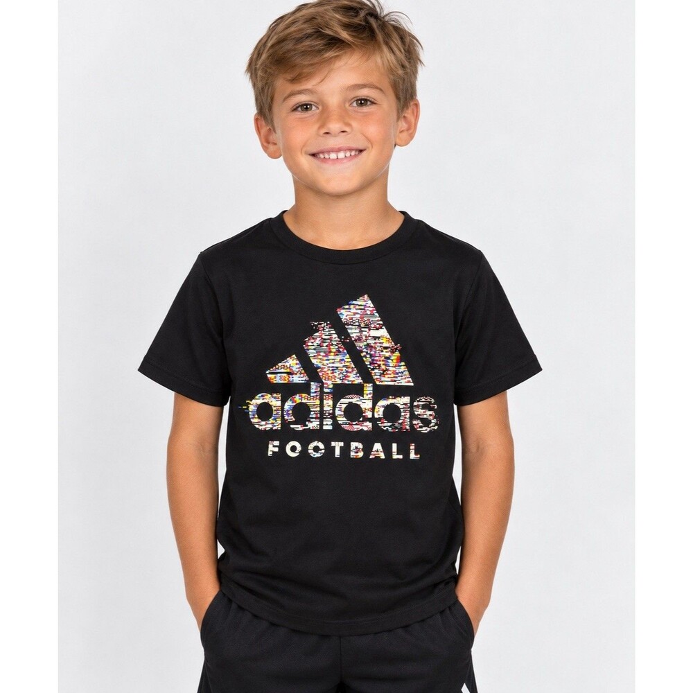 Adidas Football Boys T-Shirt Size 8 Small Black Multicolor Logo Climalite